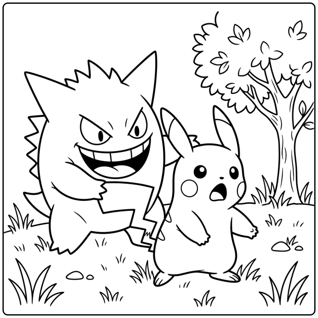 Gengar kleurplaat: Gengar verrast Pikachu achter een boom.