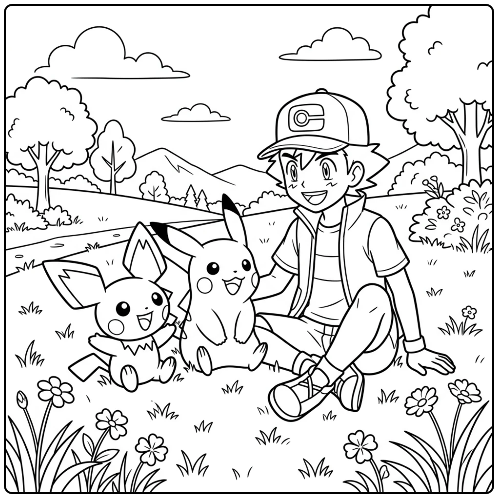 Een mooie kleurplaat pichu met Pikachu en Satoshi in het gras