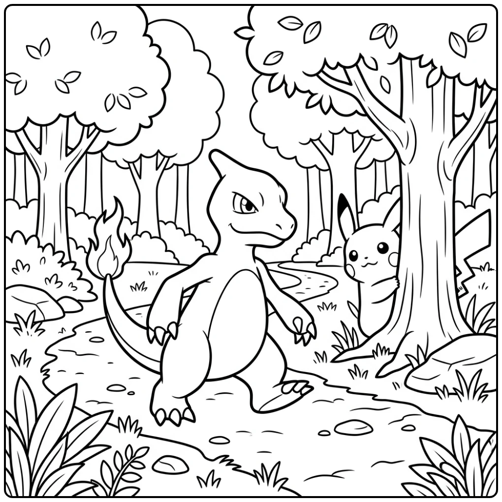 Avontuurlijke kleurplaat pokemon charmeleon met Pikachu in het bos