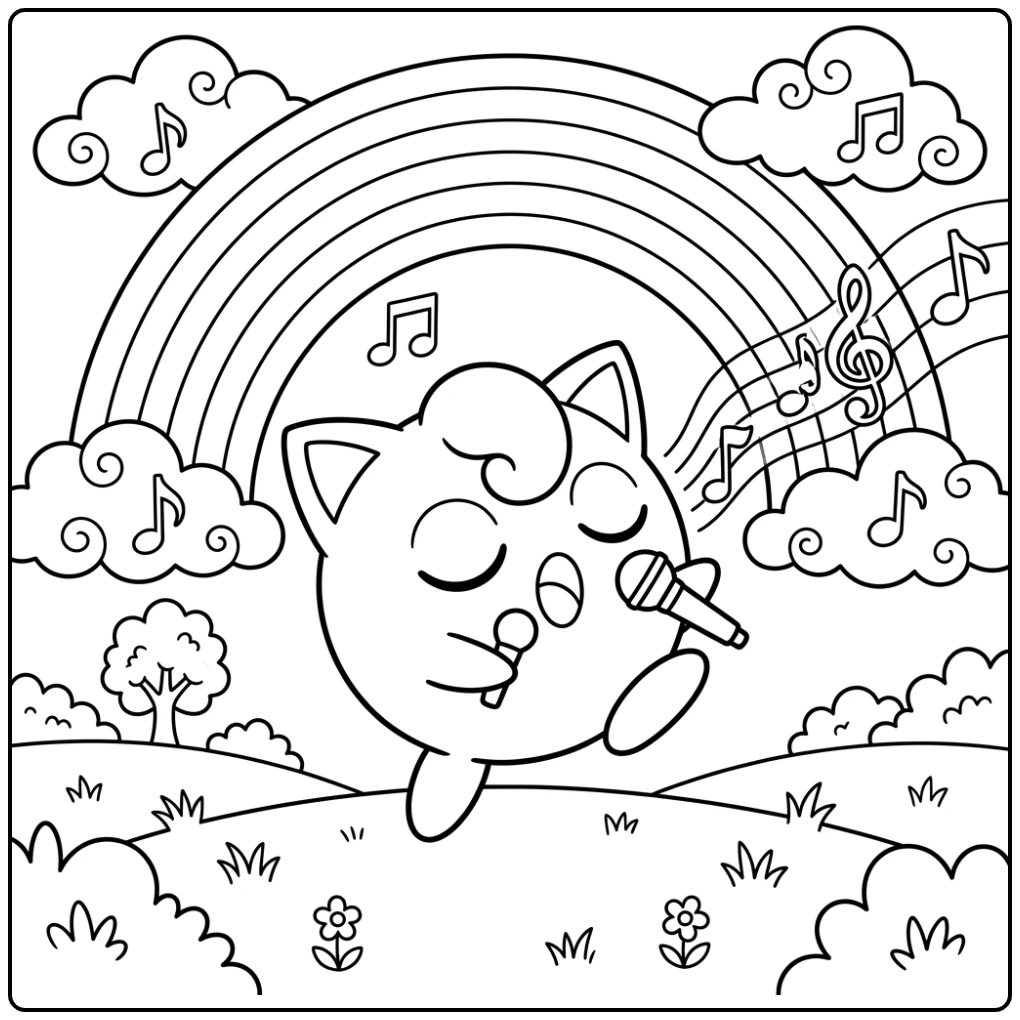 Jigglypuff zingt vrolijk onder een kleurplaat pokemon regenboog in de lucht