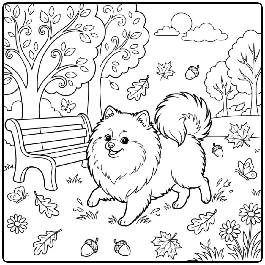 Leuke kleurplaat pomeriaan rennend in een park met bomen.