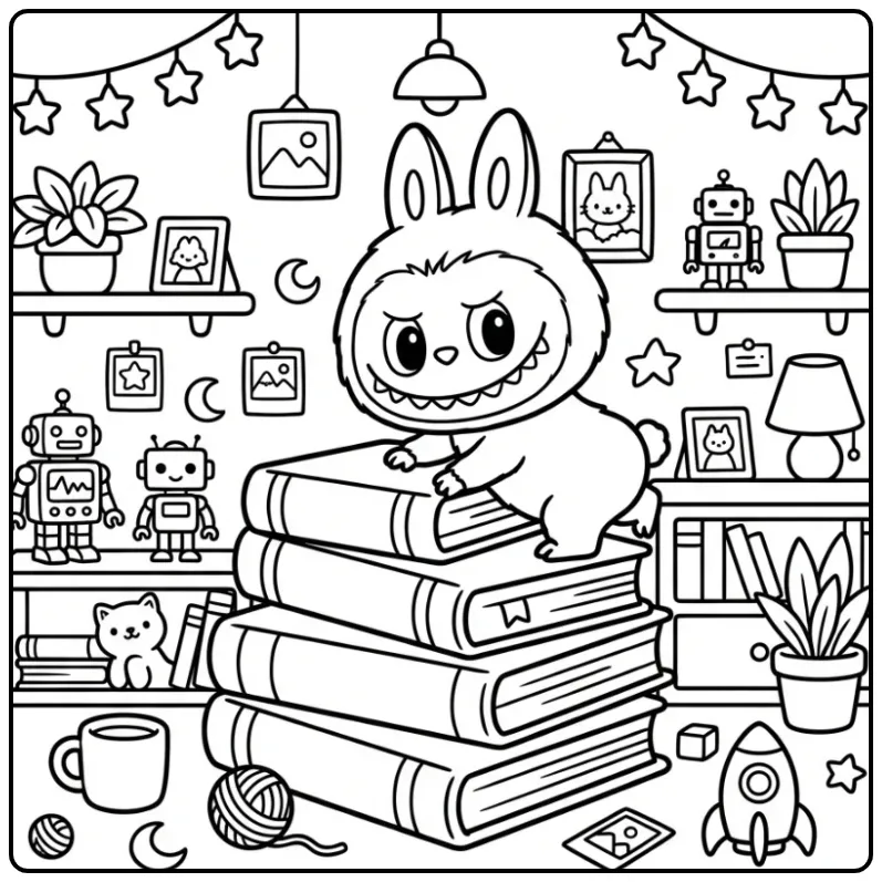 Schattige labubu kleurplaat met een stapel boeken en sterren.