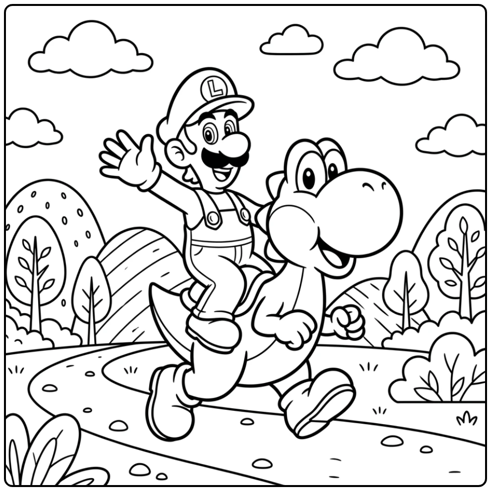 Luigi kleurplaat van Luigi en Yoshi op avontuur door heuvels.