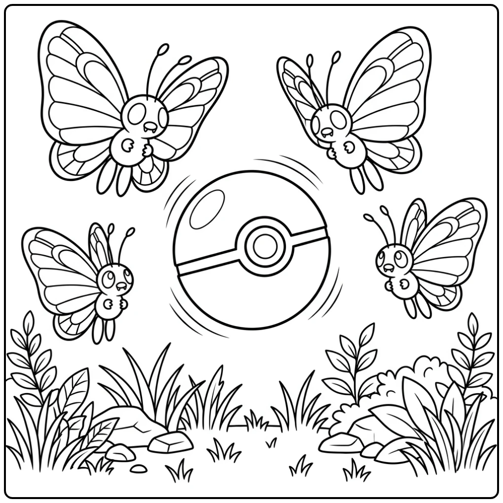 Vliegende pokemon bal kleurplaat met Butterfree en natuur.