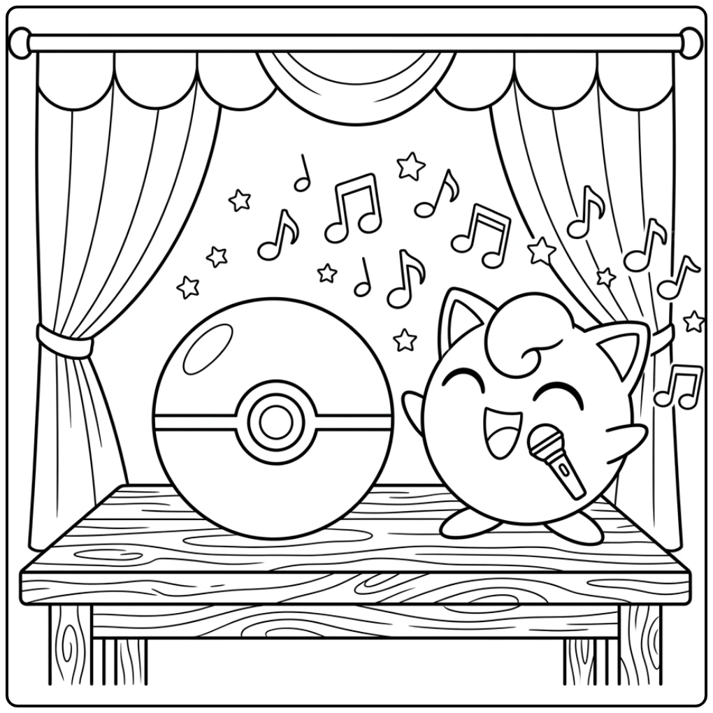 Jigglypuff zingt naast een pokemon bal kleurplaat op tafel
