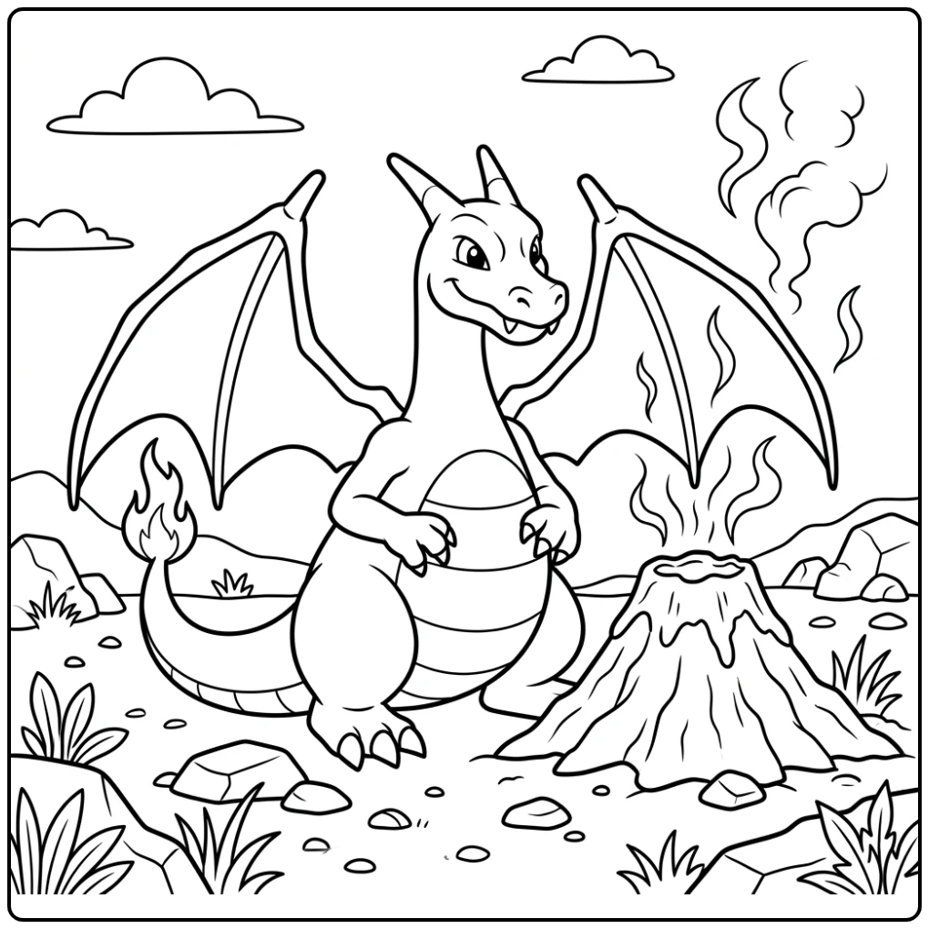 Charizard warmt zijn vleugels bij de vulkaan: pokemon kleurplaat charizard x