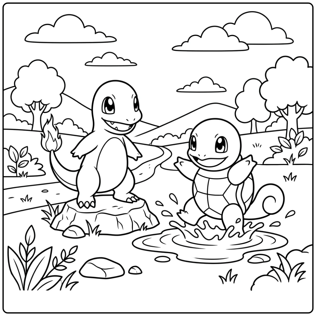 Charmander & Squirtle: een vrolijke pokemon kleurplaat makkelijk scene