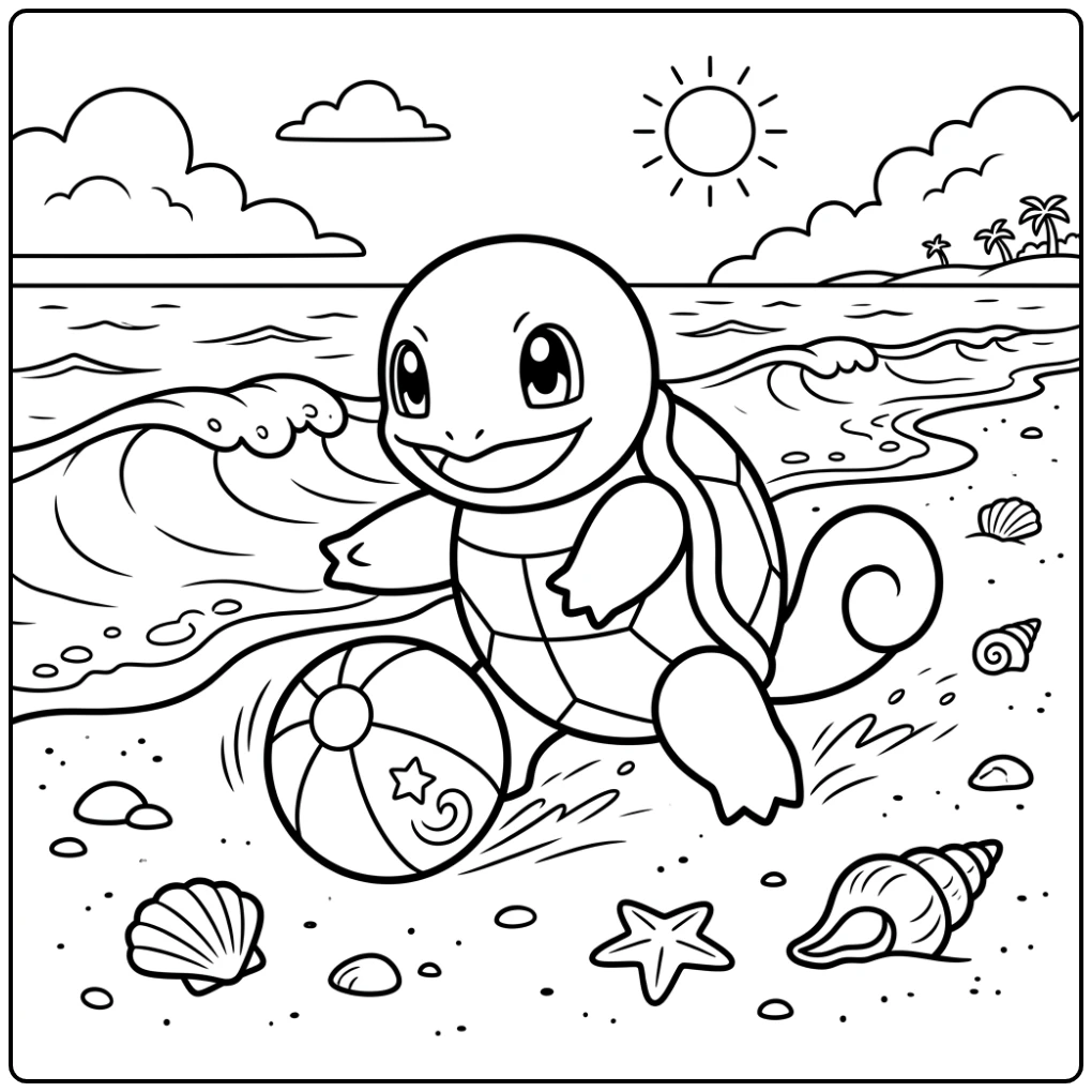 Vrolijke squirtle kleurplaat met Squirtle en strandbal aan zee.