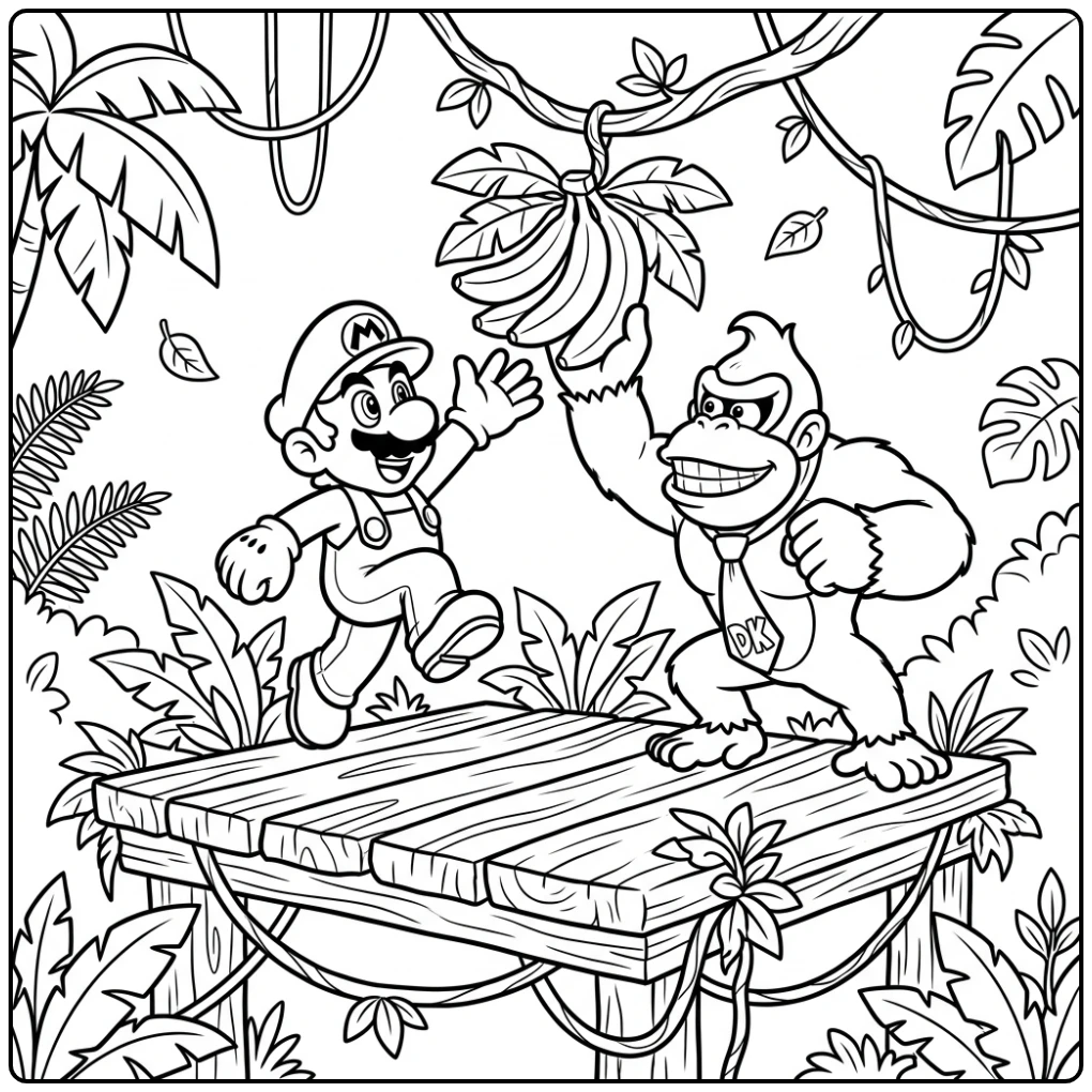 Mario en Donkey Kong vechten om bananen op een jungle mario kleurplaat.