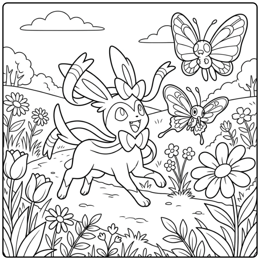 Avontuurlijke sylveon kleurplaat met vlinders in een groene tuin.