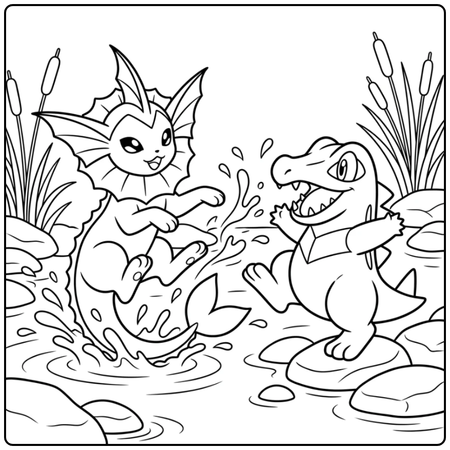 Vaporeon kleurplaat: Vaporeon spat water met Totodile bij een beek.