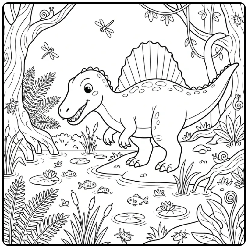 Leuke dino kleurplaat van een Spinosaurus in een moeras.