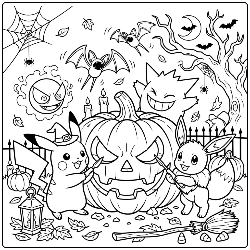 Pikachu & Eevee snijden pompoen: kleurplaat halloween pokemon