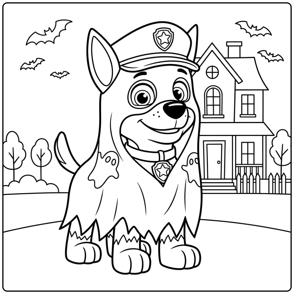 Chase als spookpolitie in een paw patrol halloween kleurplaat