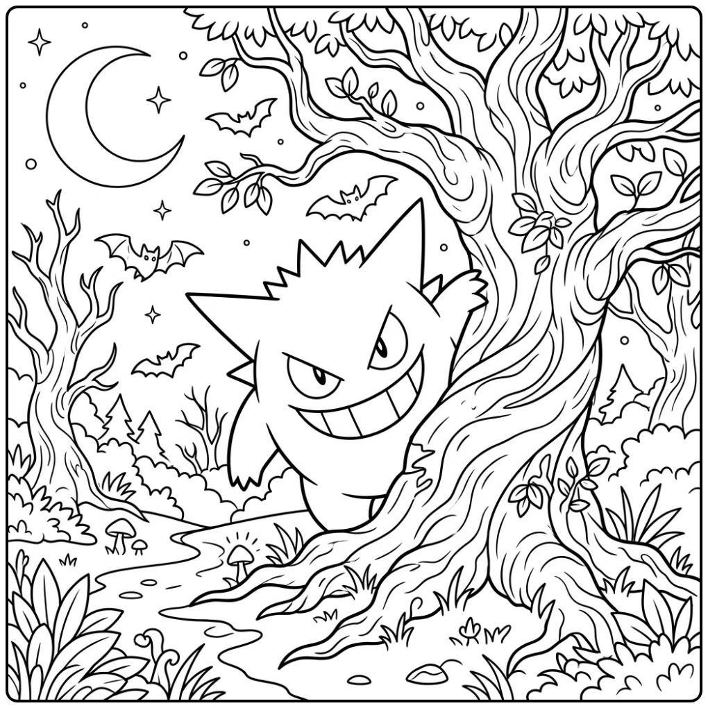 Gengar kleurplaat: ondeugende Gengar gluurt achter een boom vandaan