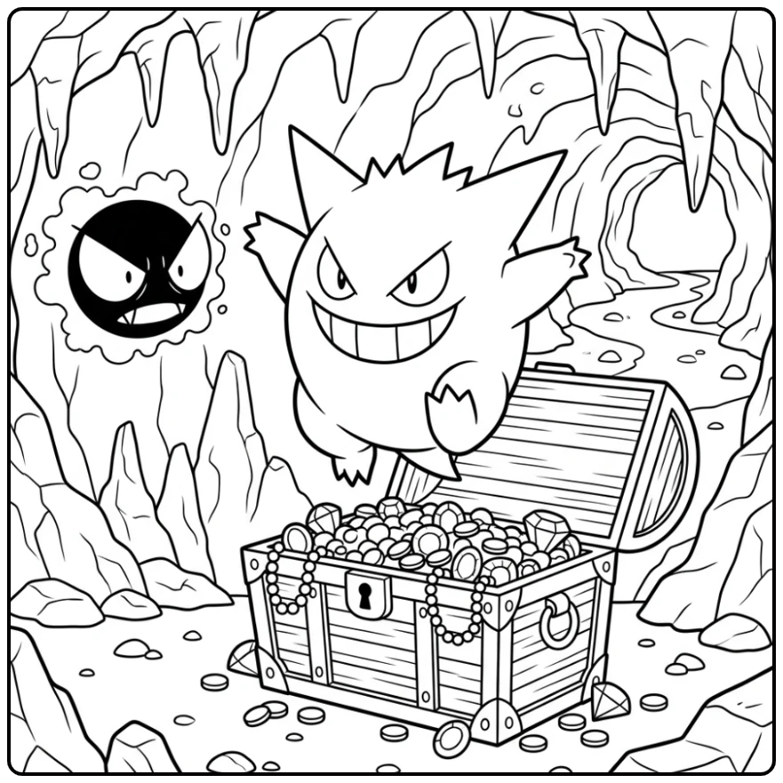 Mutsige gengar kleurplaat springt uit schatkist met edelstenen.