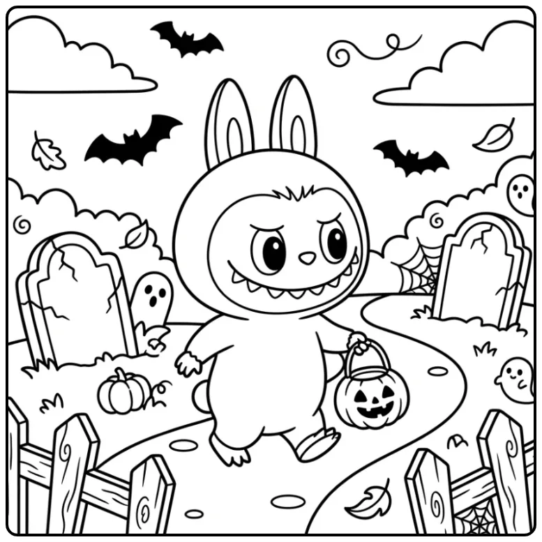Schattige kleurplaat halloween labubu in een spooktuin.