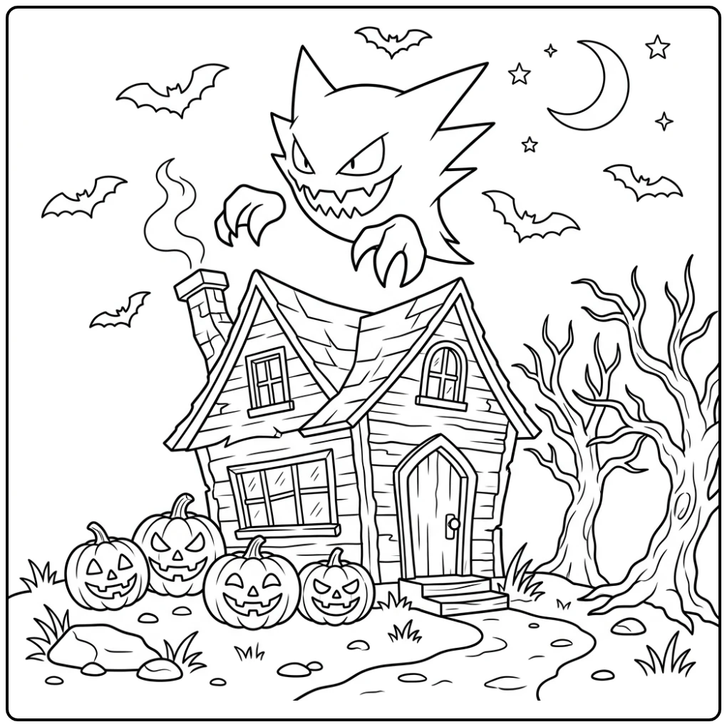 kleurplaat halloween pokemon: Haunter zweeft bij spookhuis met pompoenen.