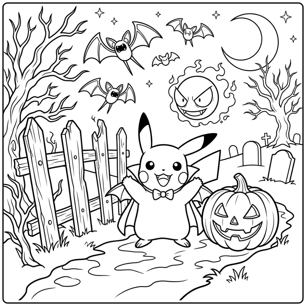 Pikachu vampier met pompoen, Gastly, Zubat - kleurplaat halloween pokemon