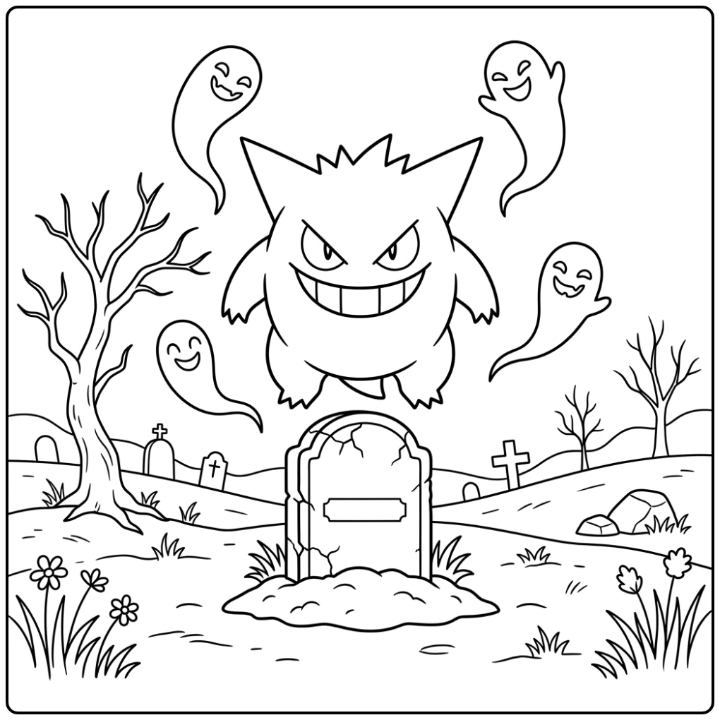 Gengar kleurplaat: Gengar zweeft met ondeugende lach bij grafsteen.