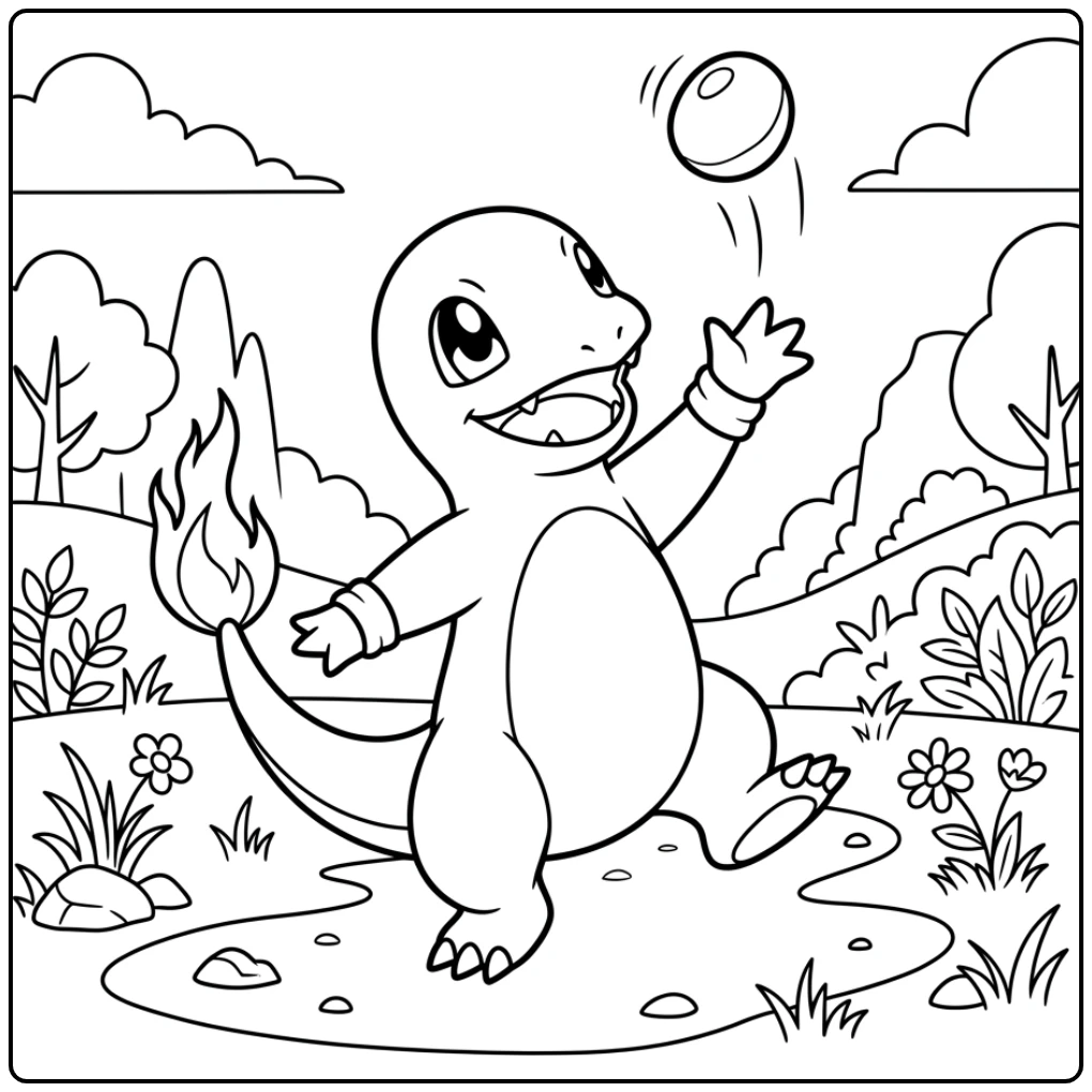 Sportieve charmander kleurplaat waar hij een steen opgooit