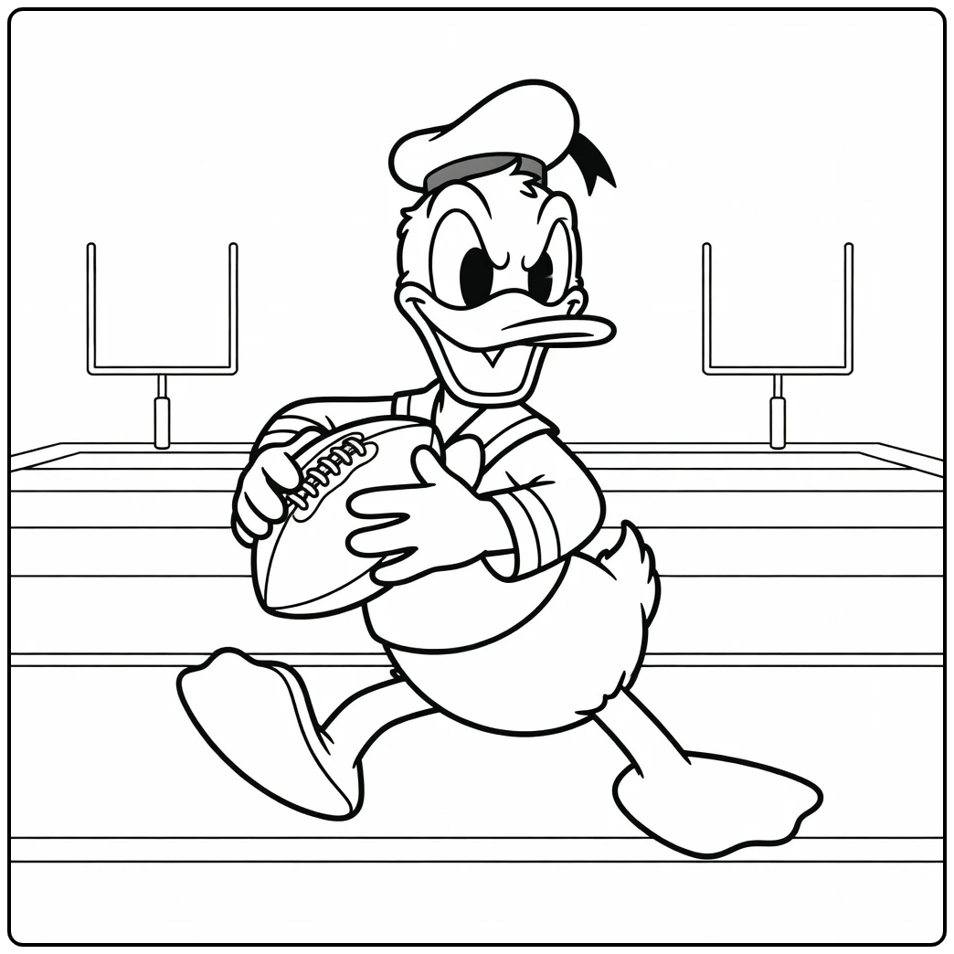 Donald Duck rent met bal over veld, kleurplaat donald duck voetbal actie.