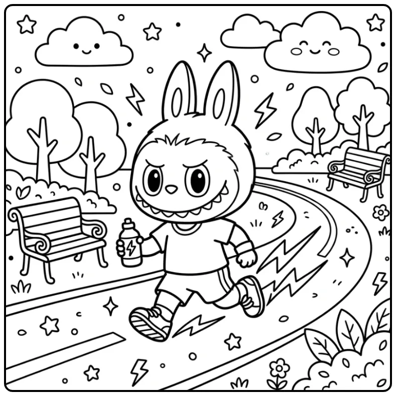 Rennende labubu big into energy kleurplaat met bliksem