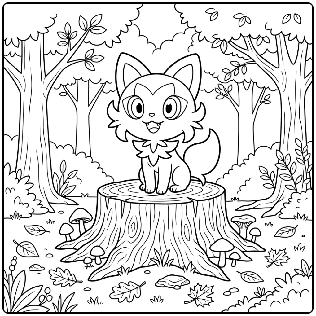 Vrolijke kleurplaat pokemon sprigatito op boomstronk met paddenstoelen.