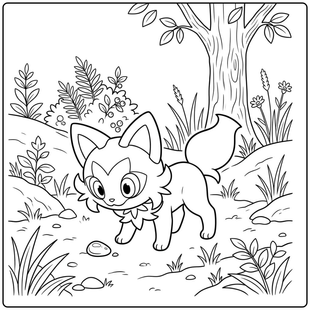 Nieuwsgierige kleurplaat pokemon sprigatito en glimmende kiezel.