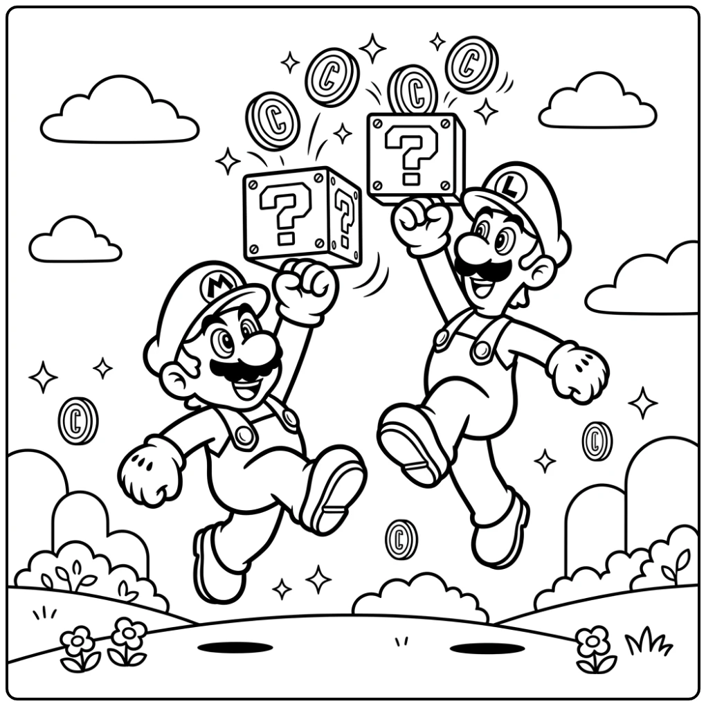 Mario en Luigi springen, raken vraagblokken - leuke mario kleurplaat.