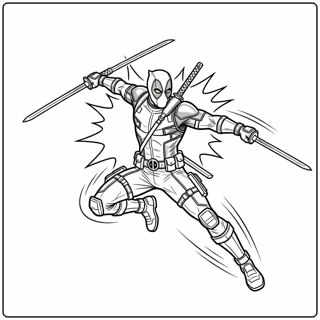 Actievolle deadpool kleurplaat met zwaarden in de lucht.