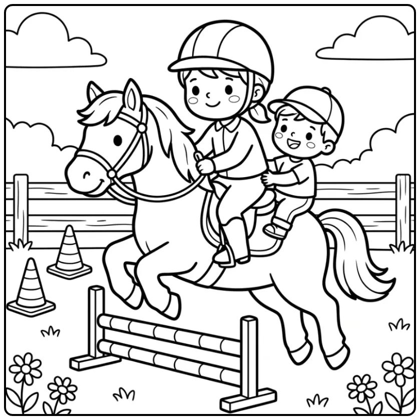 Leuke kleurplaat paard met ruiter springend over een hek