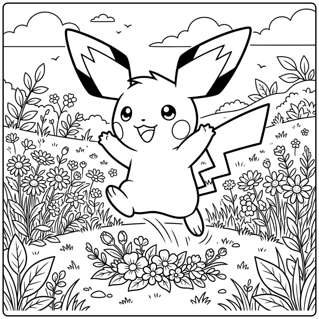 Vrolijke kleurplaat pichu springt naast een bosje bloemen