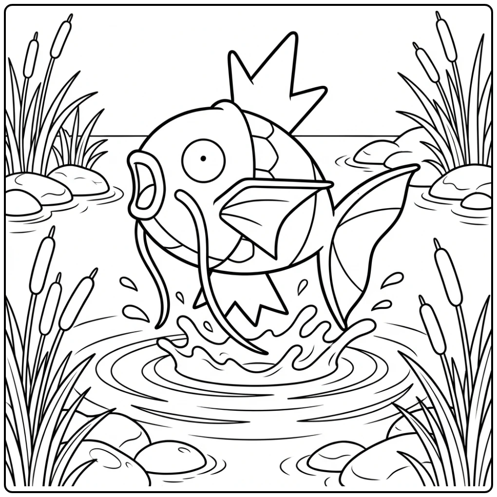 Leuke Pokemon Magikarp kleurplaat met spetters en riet