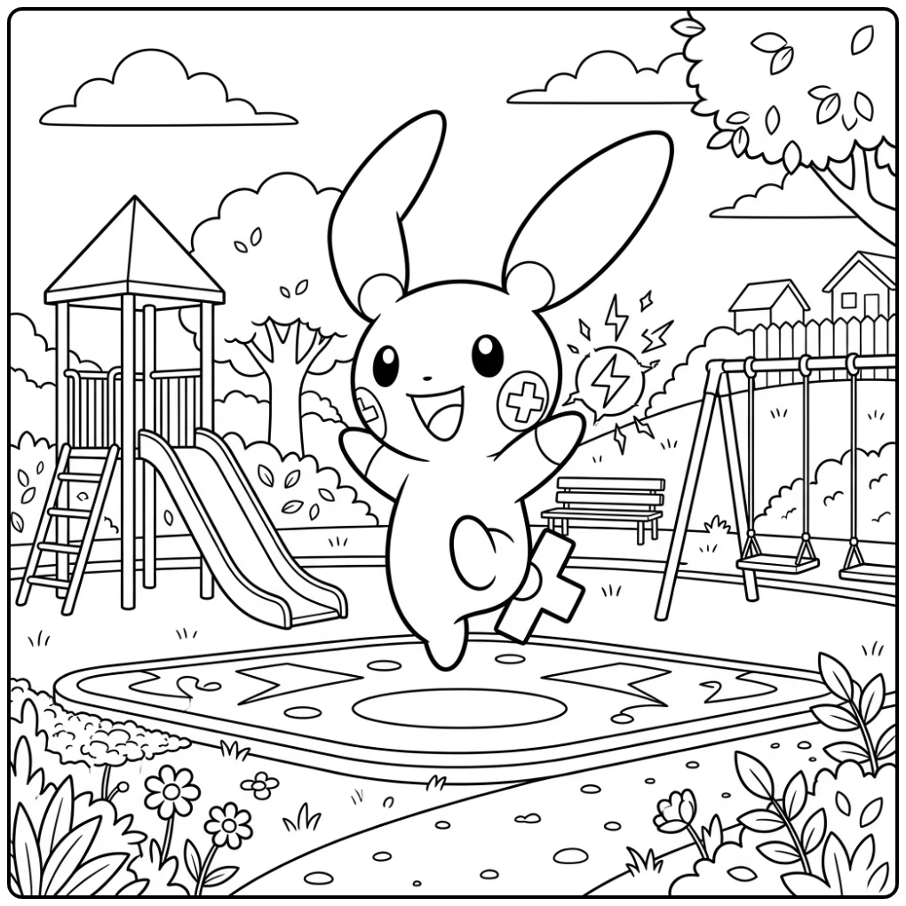 Vrolijke Pokemon Plusle kleurplaat op een speelplaats.