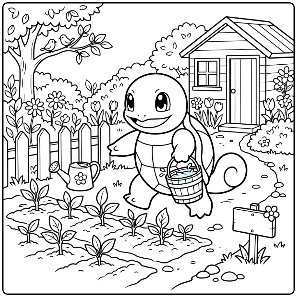 Lieve Squirtle met wateremmer in tuin, perfecte squirtle kleurplaat.