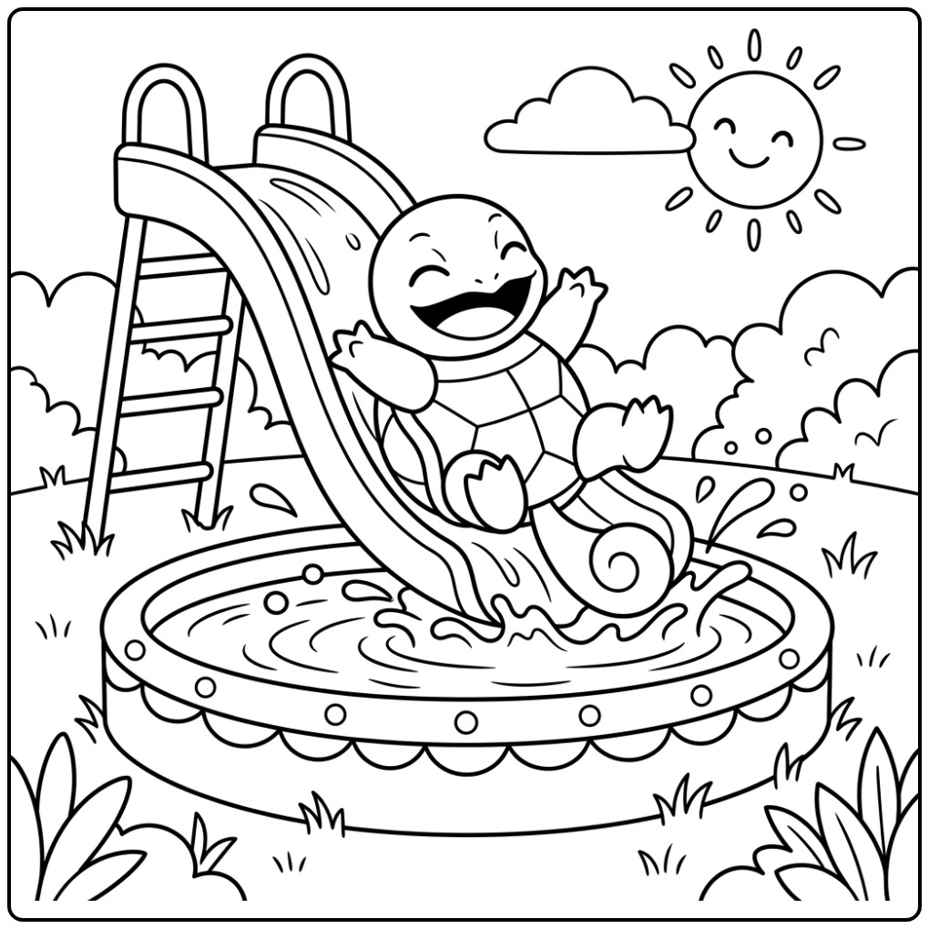 Vrolijke Squirtle kleurplaat: waterpret op de glijbaan in het zwembad