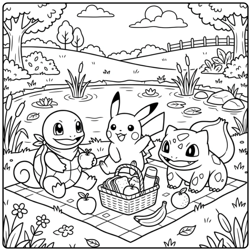 Vrolijke squirtle kleurplaat: picknick met Pikachu en Bulbasaur.