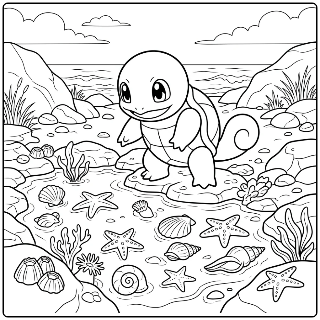 Nieuwsgierige squirtle kleurplaat verkent zeedieren in getijdenpoel.