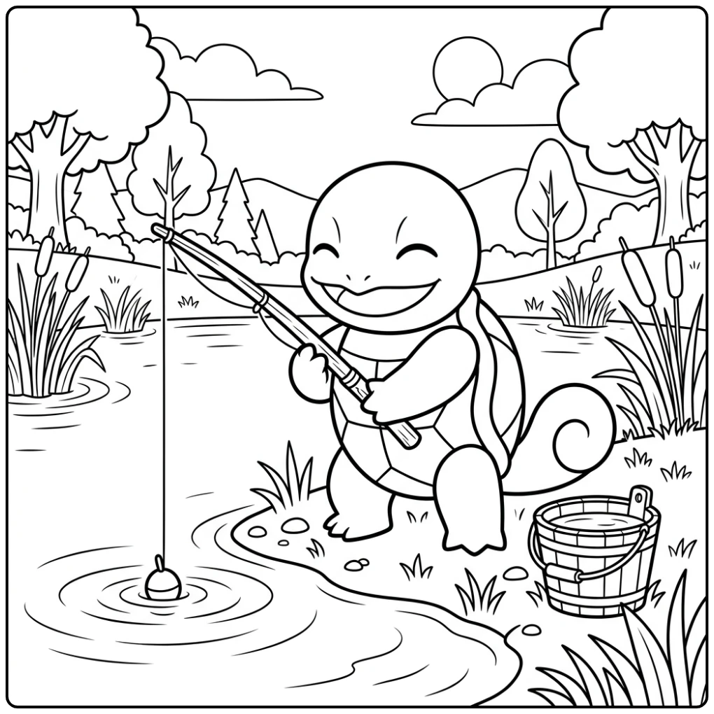 Vrolijke squirtle kleurplaat, vissen aan een rustig meer.