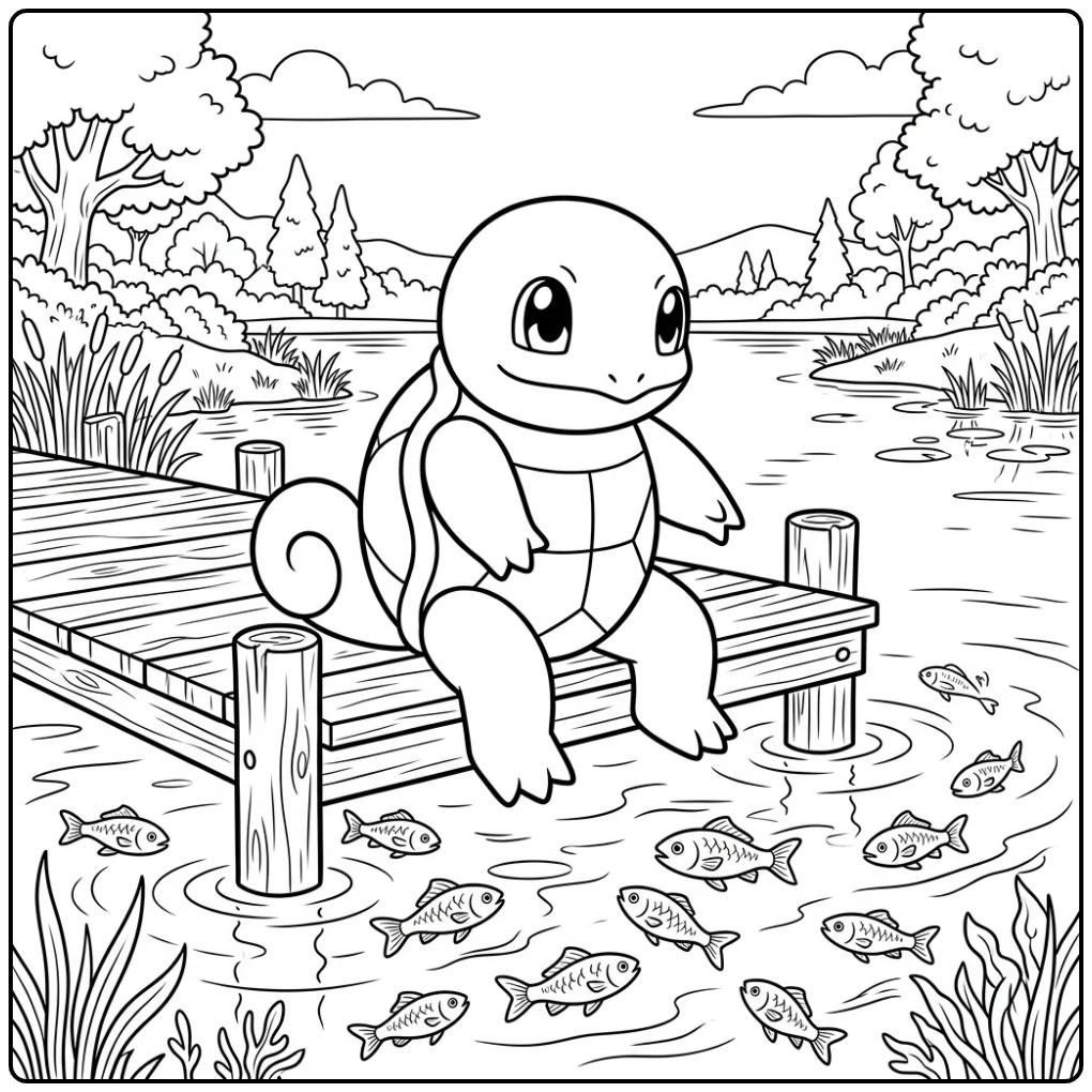 Ontspannen squirtle kleurplaat aan de kade, visjes kijkend.