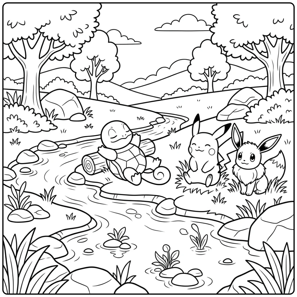 Ontspannende squirtle kleurplaat met vrienden bij de beek