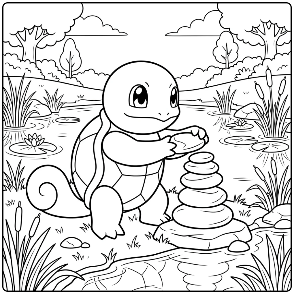 Speelse Squirtle kleurplaat stapelt stenen bij kalme vijver.