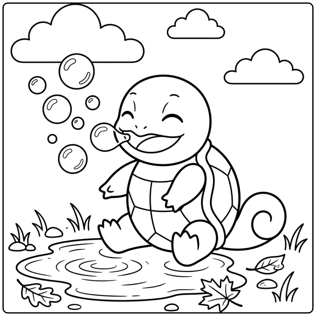 Speelse squirtle kleurplaat blaast bellen bij een plas na regen