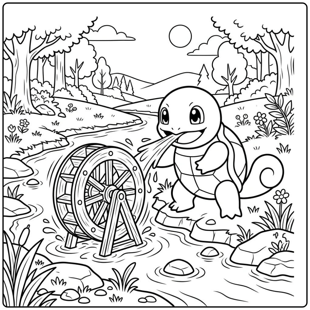 Vrolijke squirtle kleurplaat bij kreek met waterrad
