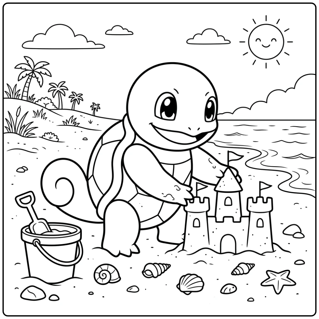 Speelse Squirtle bouwt zandkasteel, een perfecte squirtle kleurplaat.