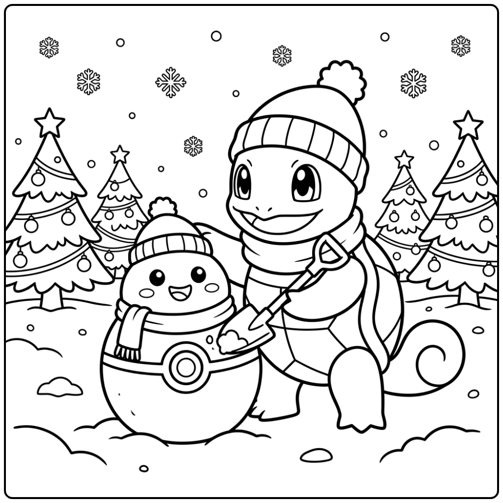 pokemon kerst kleurplaat: Squirtle bouwt sneeuwman in winter.
