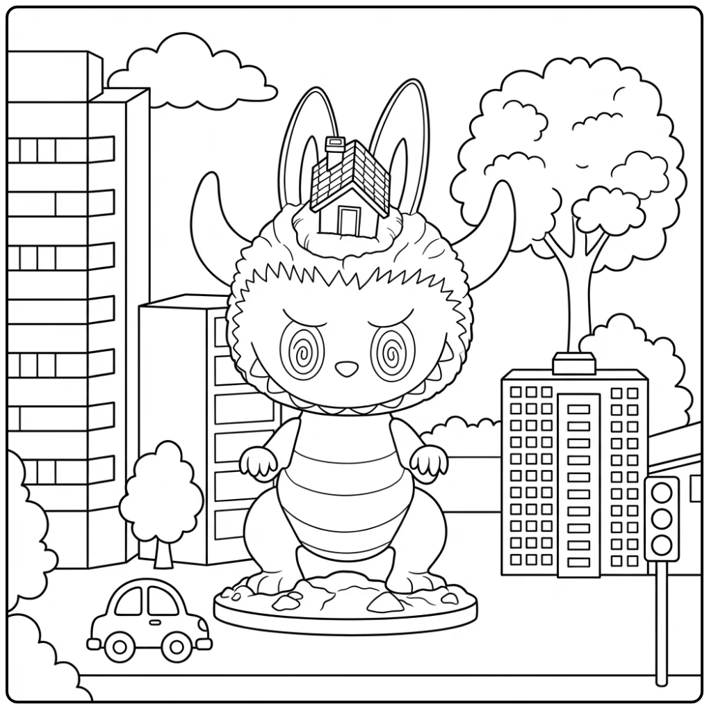 Kleurplaat van een groot monster in de stad. Giant underworld Kleurplaat.