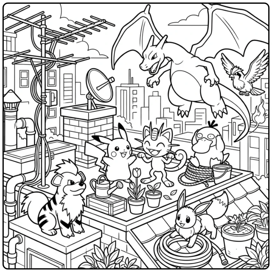 Pokemon kleurplaat van Pikachu en vrienden op een stadsdak.