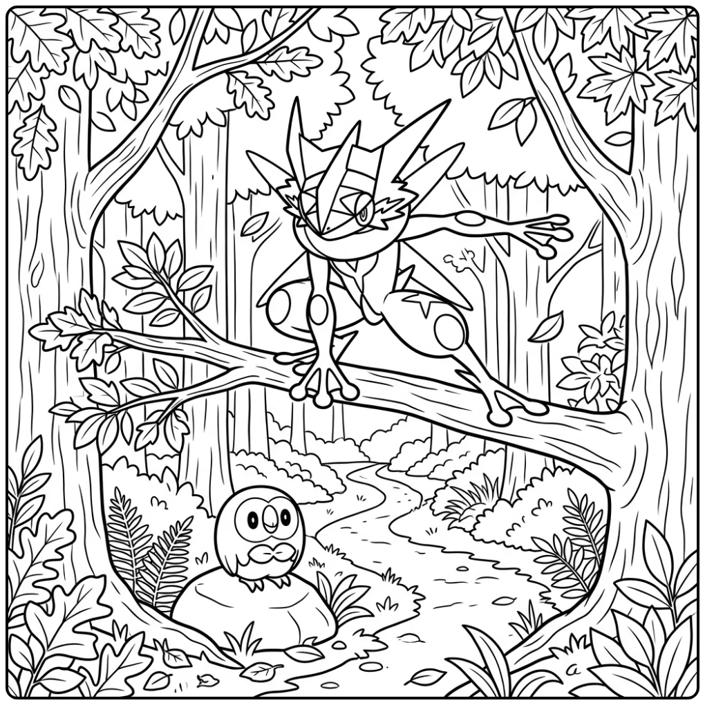 Mega Greninja en Rowlet: kleurplaat pokemon mega greninja in het bos